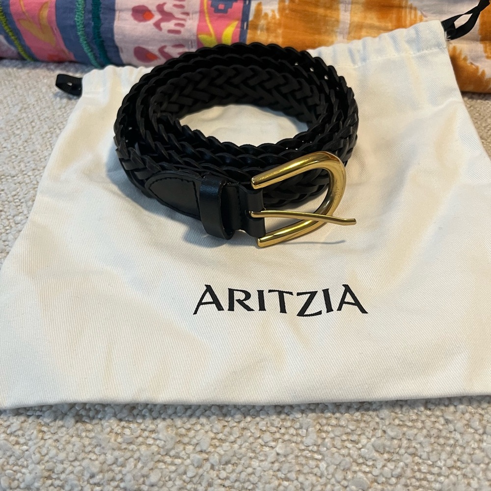 Aritzia Black Braided Belt with Gold Buckle
